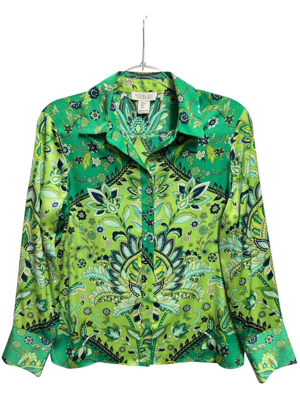 Tuxedo Satin Silky Knit Toile Floral Bouquet Paisley Blouse Top Shirt